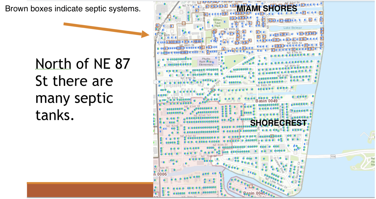 The community of Miami Shores borders Biscayne Bay, as does the community of Shorecrest. Miami Shores has a large number of septic systems, as indicated by brown boxes on the map.